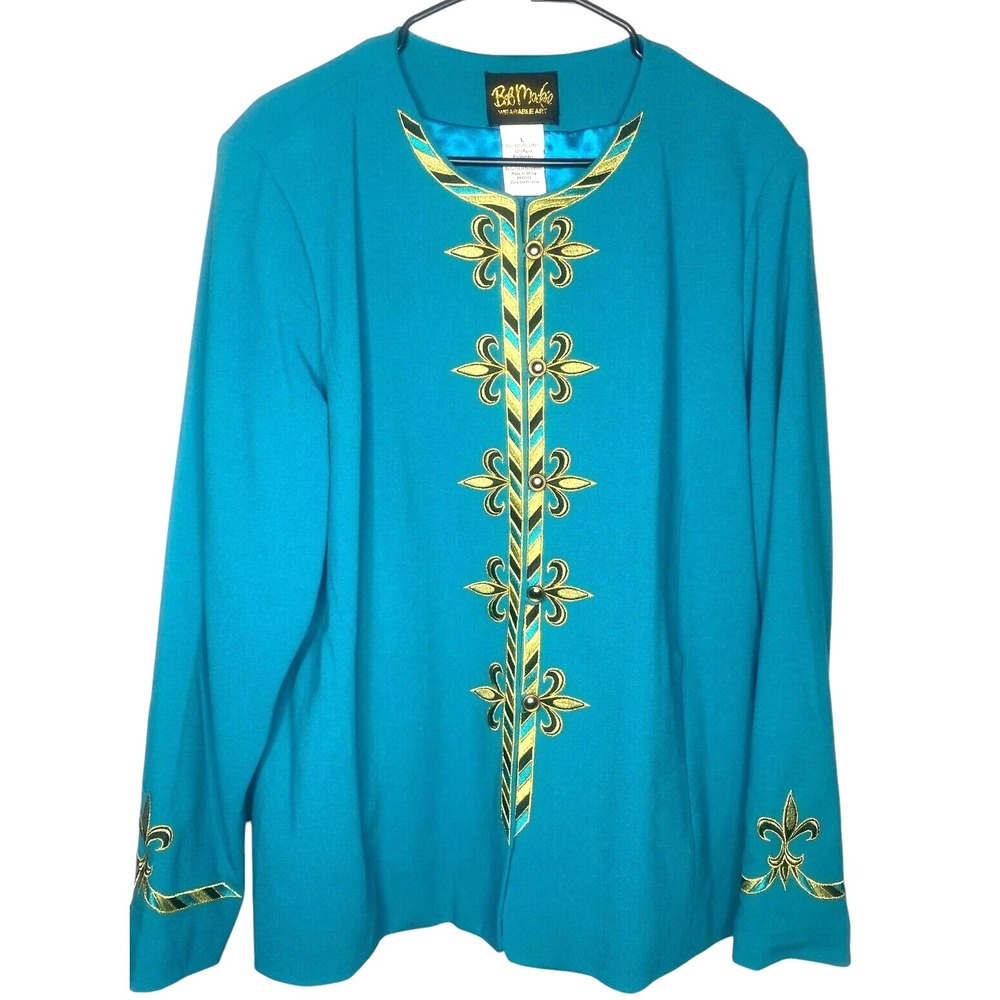 Bob Mackie Wearable Art Jacket Teal Gold Fleur-de-lis Blazer Button Size Large
